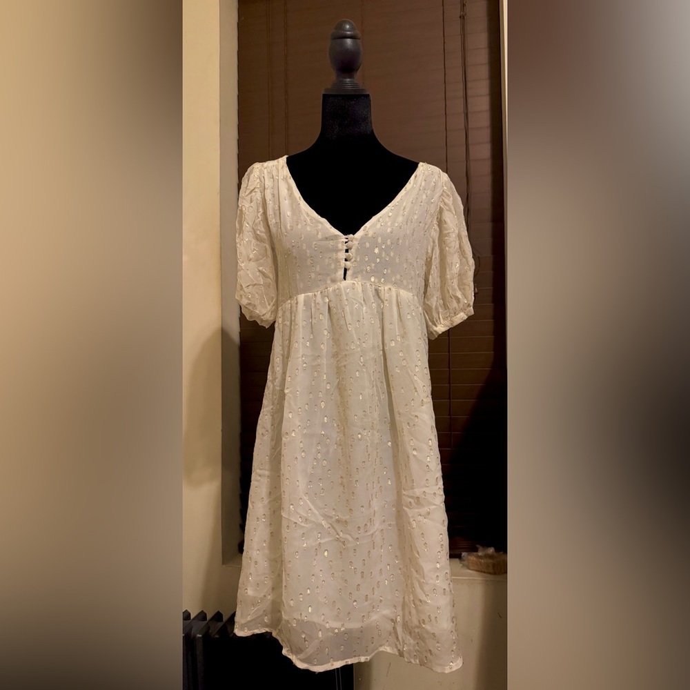 Made In Italy Cream Sheer Chiffon Puff Sleeve With Sundress Gold  Dot Details